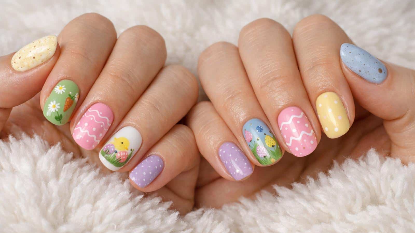 Hands display pastel Easter-themed nail art with designs including eggs, polka dots, flowers, a chick, and Easter eggs, resting on a white fluffy surface.