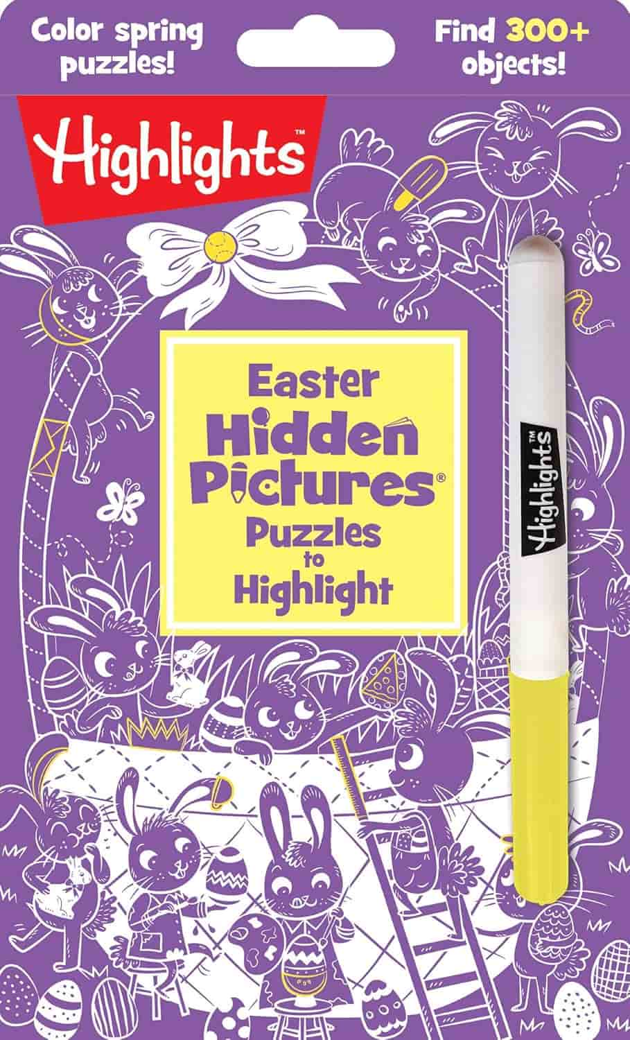 Cover of "Highlights Easter Hidden Pictures Puzzles," featuring Easter-themed illustrations and a yellow-and-white Highlights marker. Text notes over 300 objects to find and spring puzzles to color.