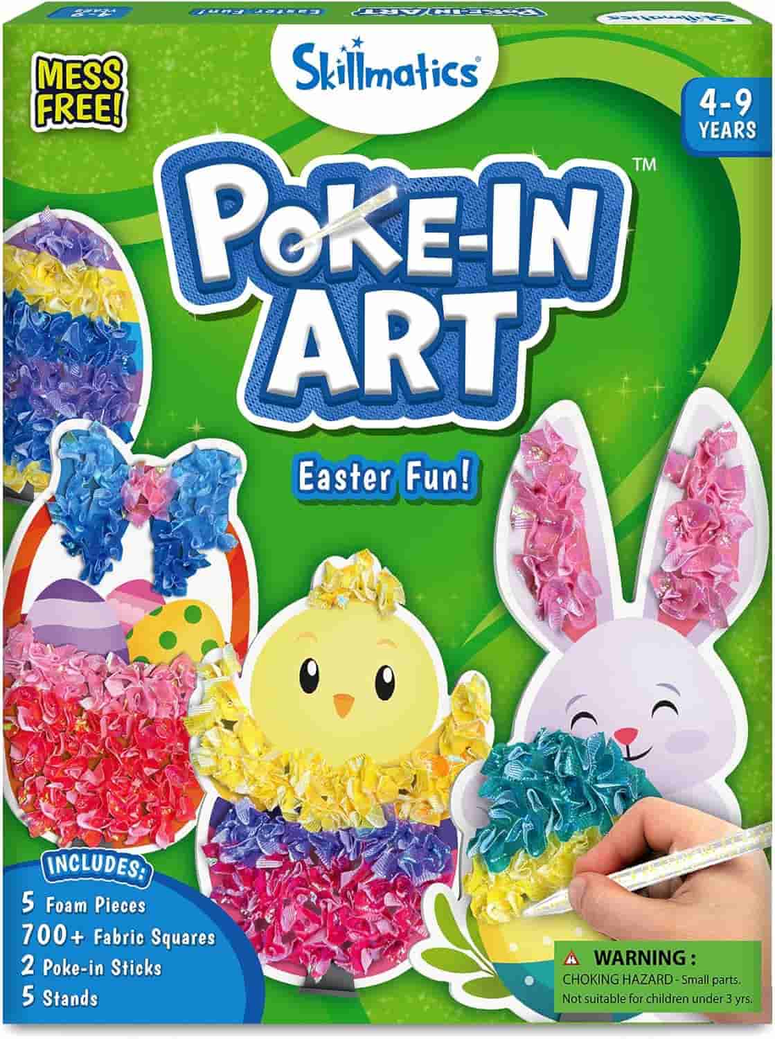 Skillmatics Poke-In Art Easter Fun kit box showing colorful poke-in art designs of an egg, chick, and bunny. Kit includes foam pieces, fabric squares, poke-in sticks, and stands.