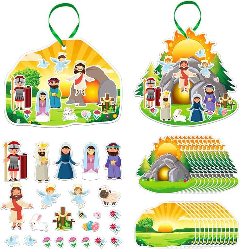Assorted colorful felt stickers and scenes depicting the resurrection of Jesus, including biblical figures, angels, crosses, tombs, and animals on a sunny background.