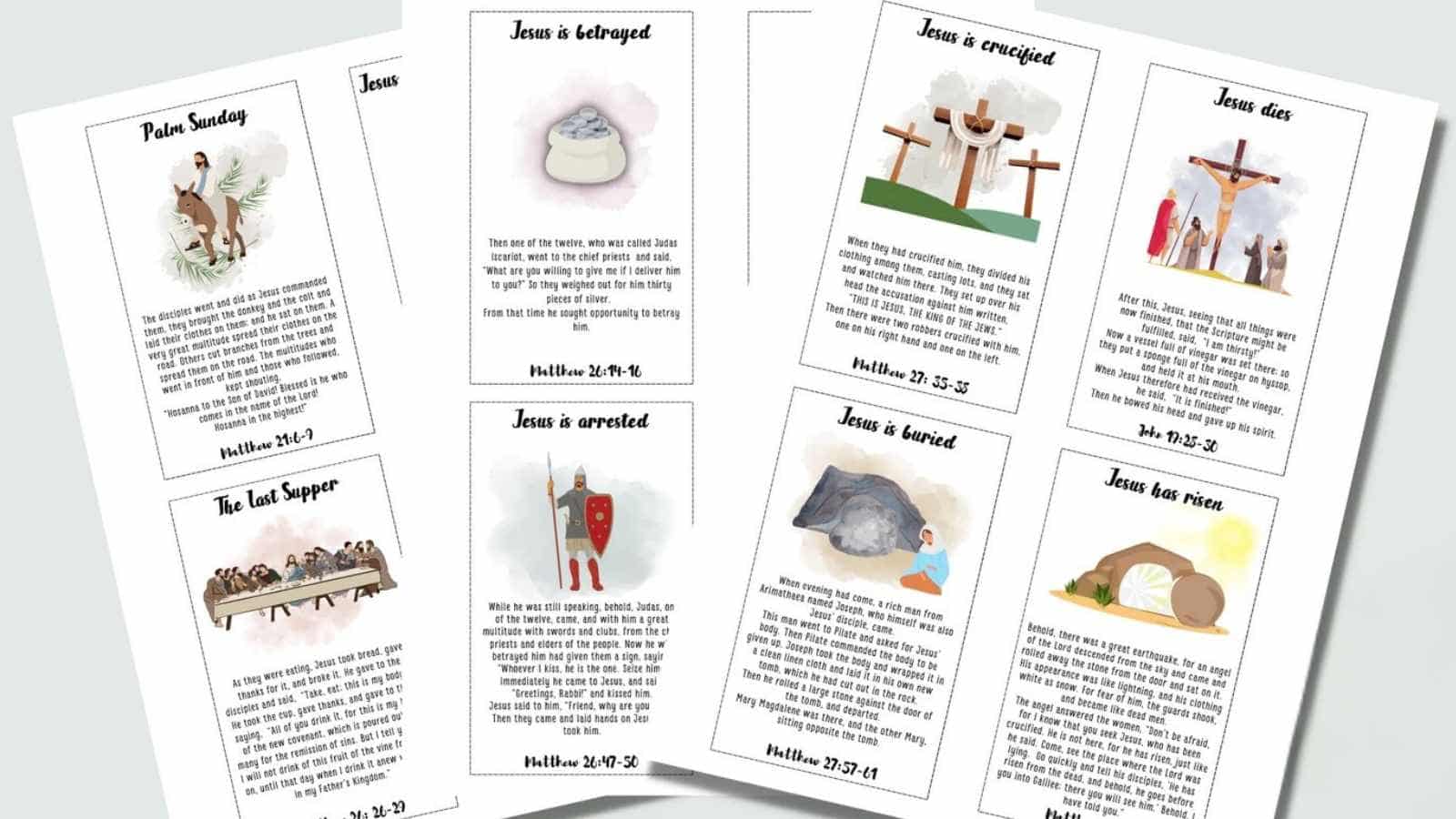 Six illustrated cards summarize Bible events: Palm Sunday, the Last Supper, Jesus is betrayed, Jesus is arrested, Jesus is crucified, Jesus dies, and Jesus rises. Each card has text and scripture references.