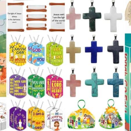 A collage of Christian-themed children's items, including a puzzle, cross necklaces, dog tags with Bible verses, Easter crafts, drawstring bags, and a "Jonah, Go Fish!" game box.