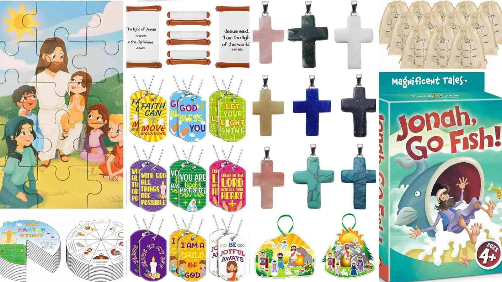 A collage of Christian-themed children's items, including a puzzle, cross necklaces, dog tags with Bible verses, Easter crafts, drawstring bags, and a "Jonah, Go Fish!" game box.