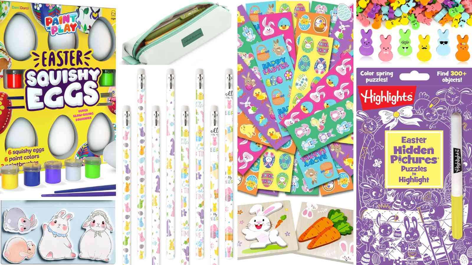 A collection of Easter-themed items including squishy eggs, pencils, stickers, erasers, a pencil case, and a hidden pictures puzzle book arranged side by side.