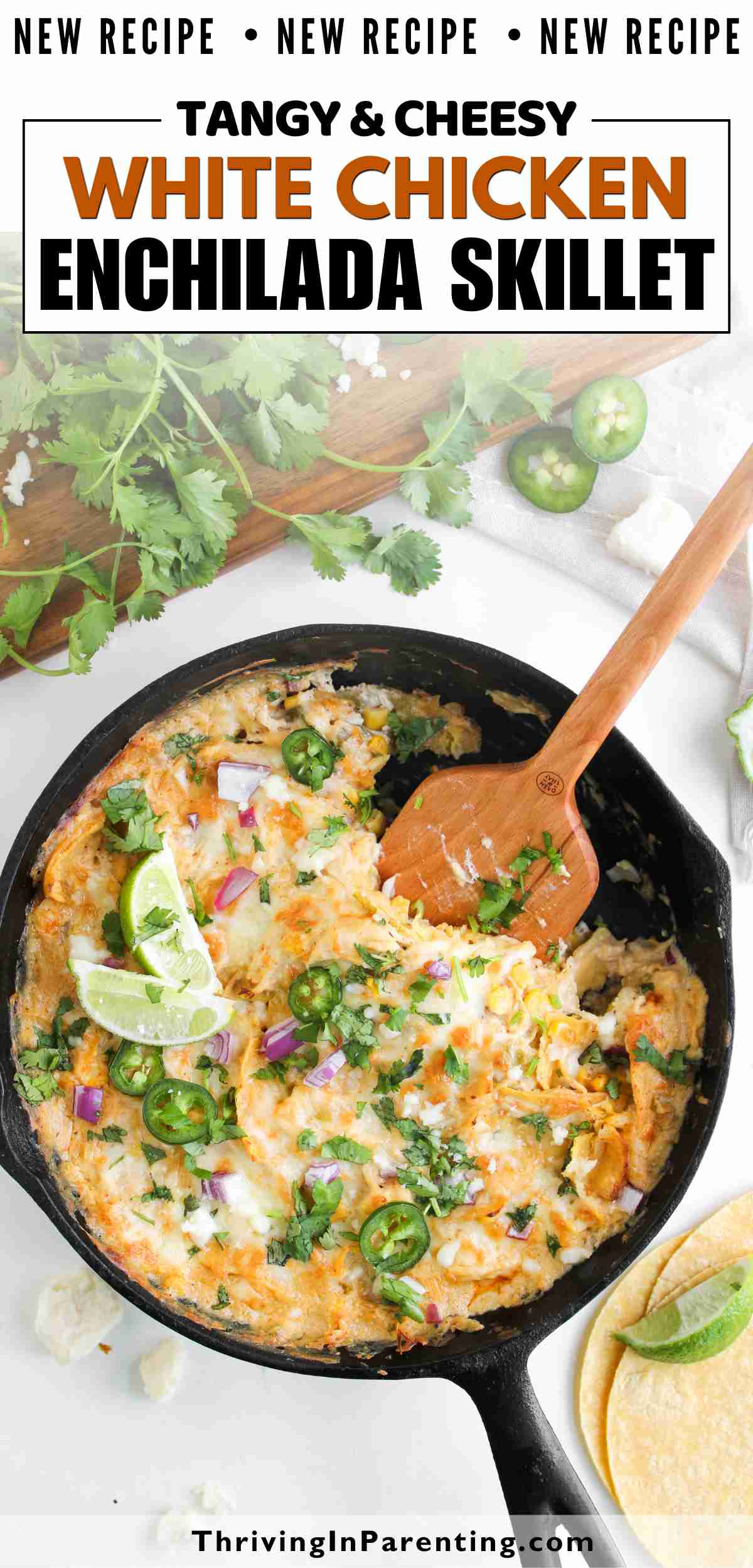 Pin image of white chicken enchilada skillet recipe blog post.