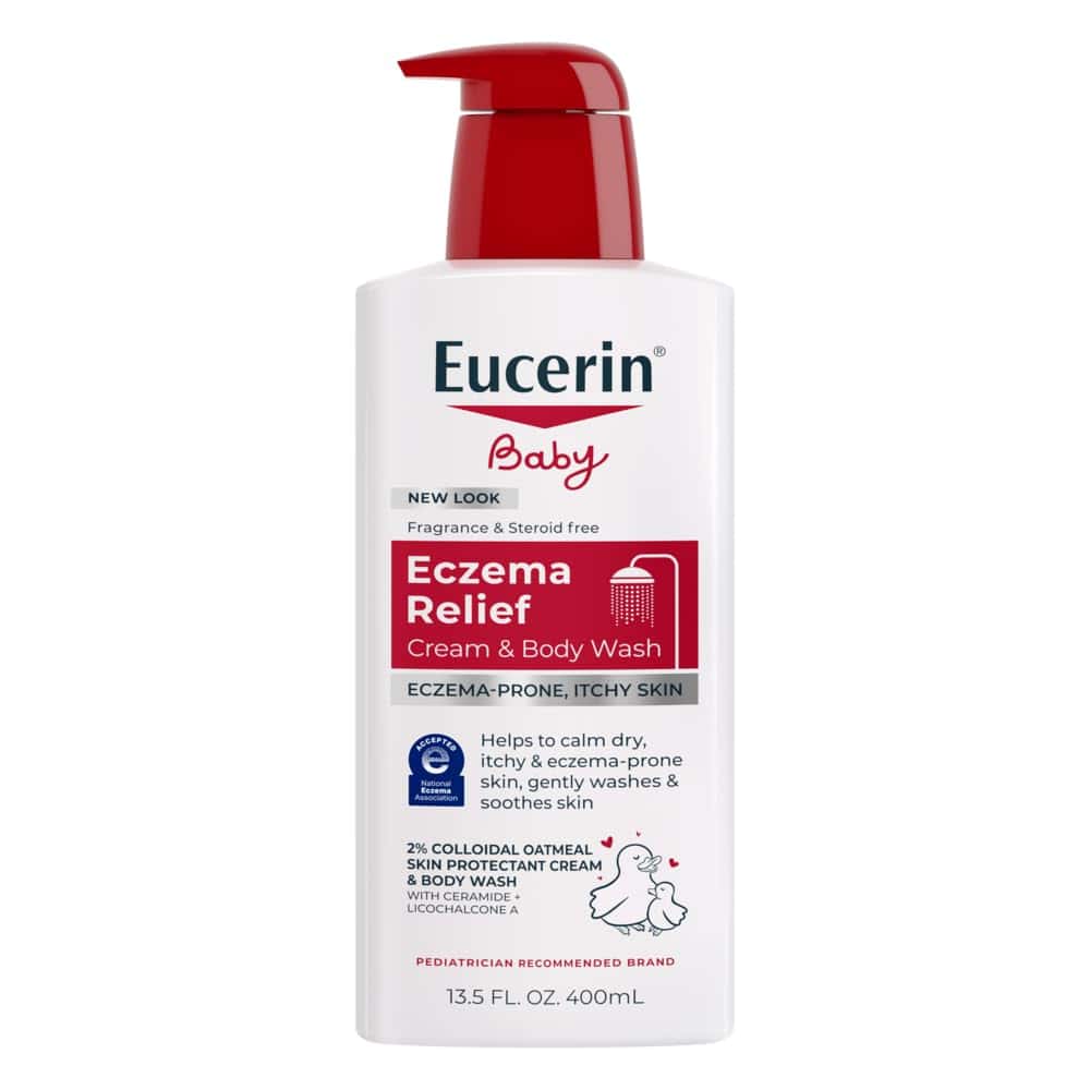 A bottle of Eucerin Baby Eczema Relief Cream & Body Wash, 13.5 fl oz, labeled for eczema-prone, itchy skin, with a red pump dispenser and product information on the front.