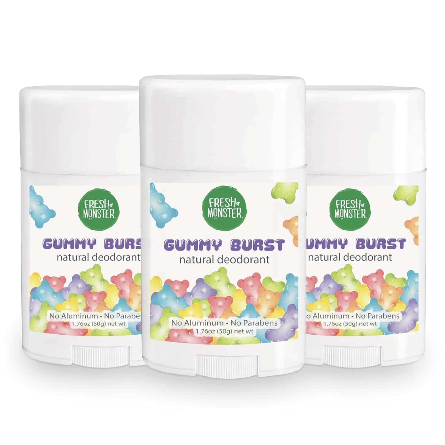 Three sticks of Fresh Monster Gummy Burst natural deodorant, each 1.76 oz, with colorful gummy bear illustrations on the labels.