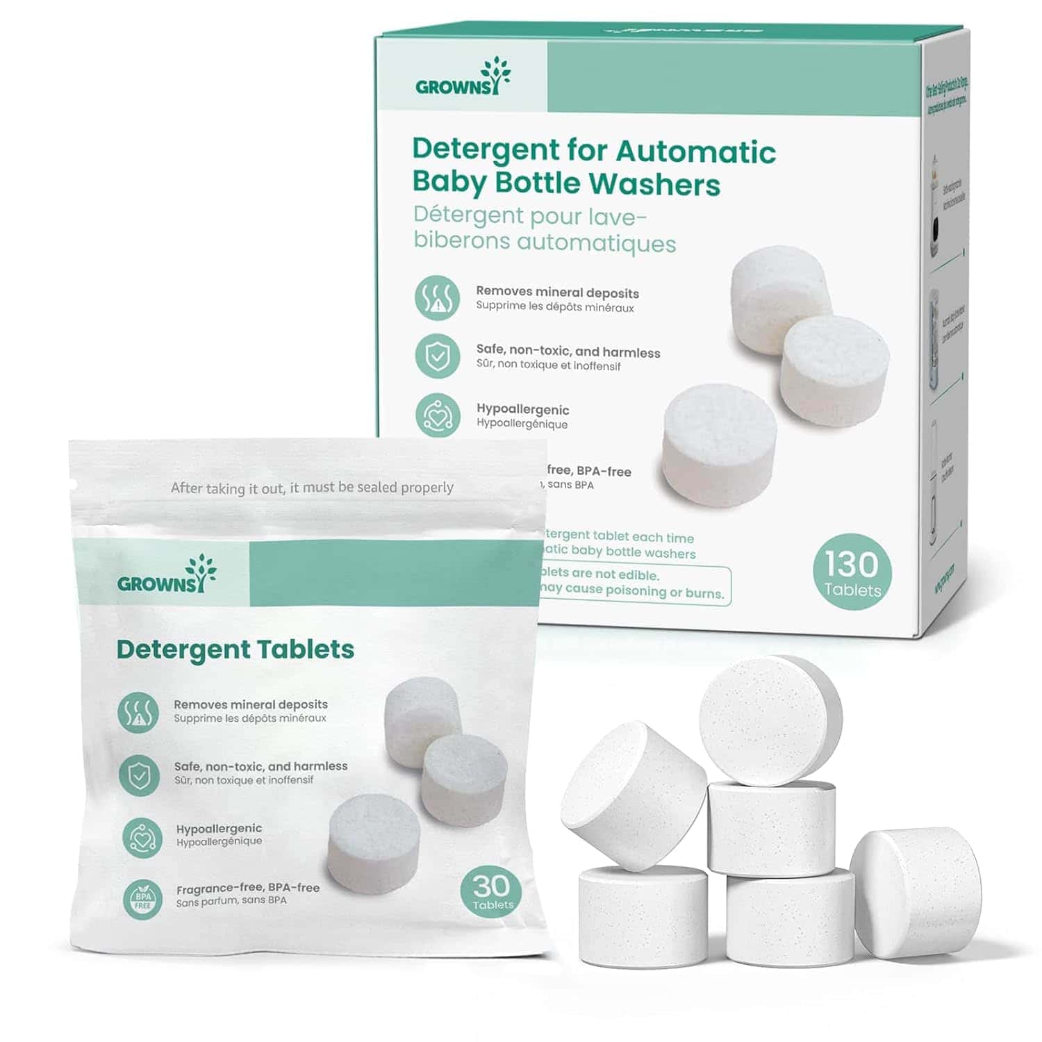 Packaging of GROWSN Detergent Tablets for automatic baby bottle washers, showing a box with 130 tablets and a pouch with 30 tablets, along with several white round tablets displayed.