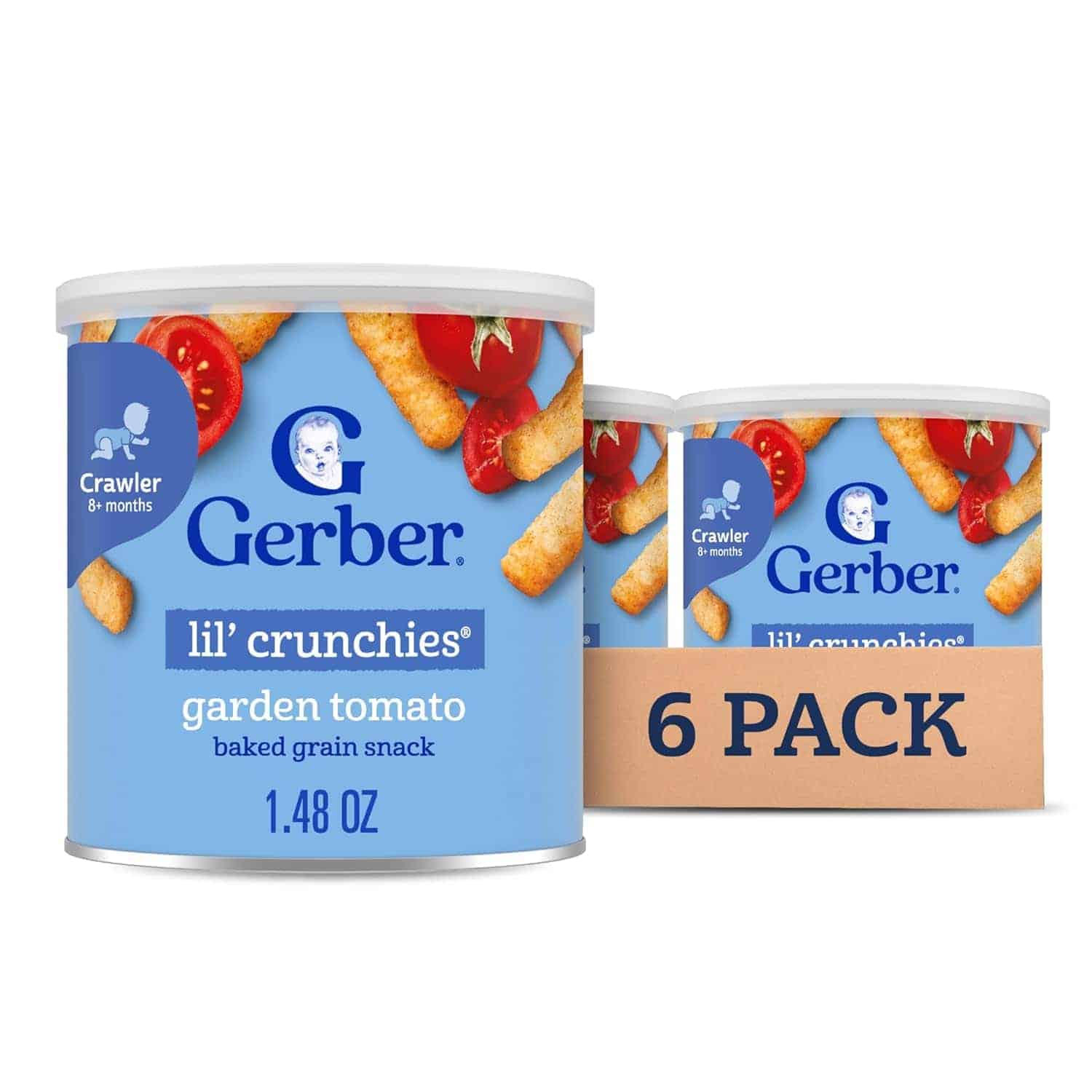 Front view of Gerber lil’ crunchies garden tomato baked grain snack cans, with one can in front and a labeled 6 pack box in the background.