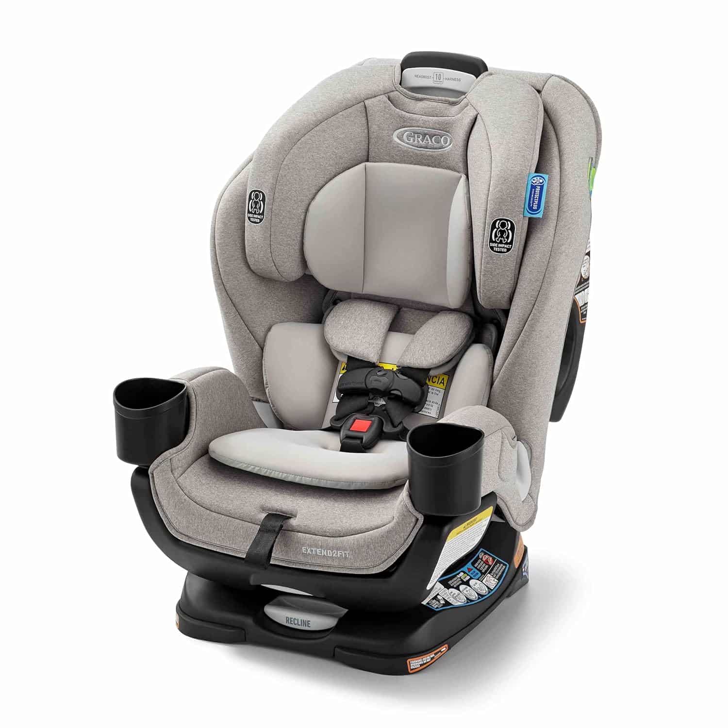 A gray Graco child car seat with cup holders, padded headrest, and harness, displayed against a plain white background.