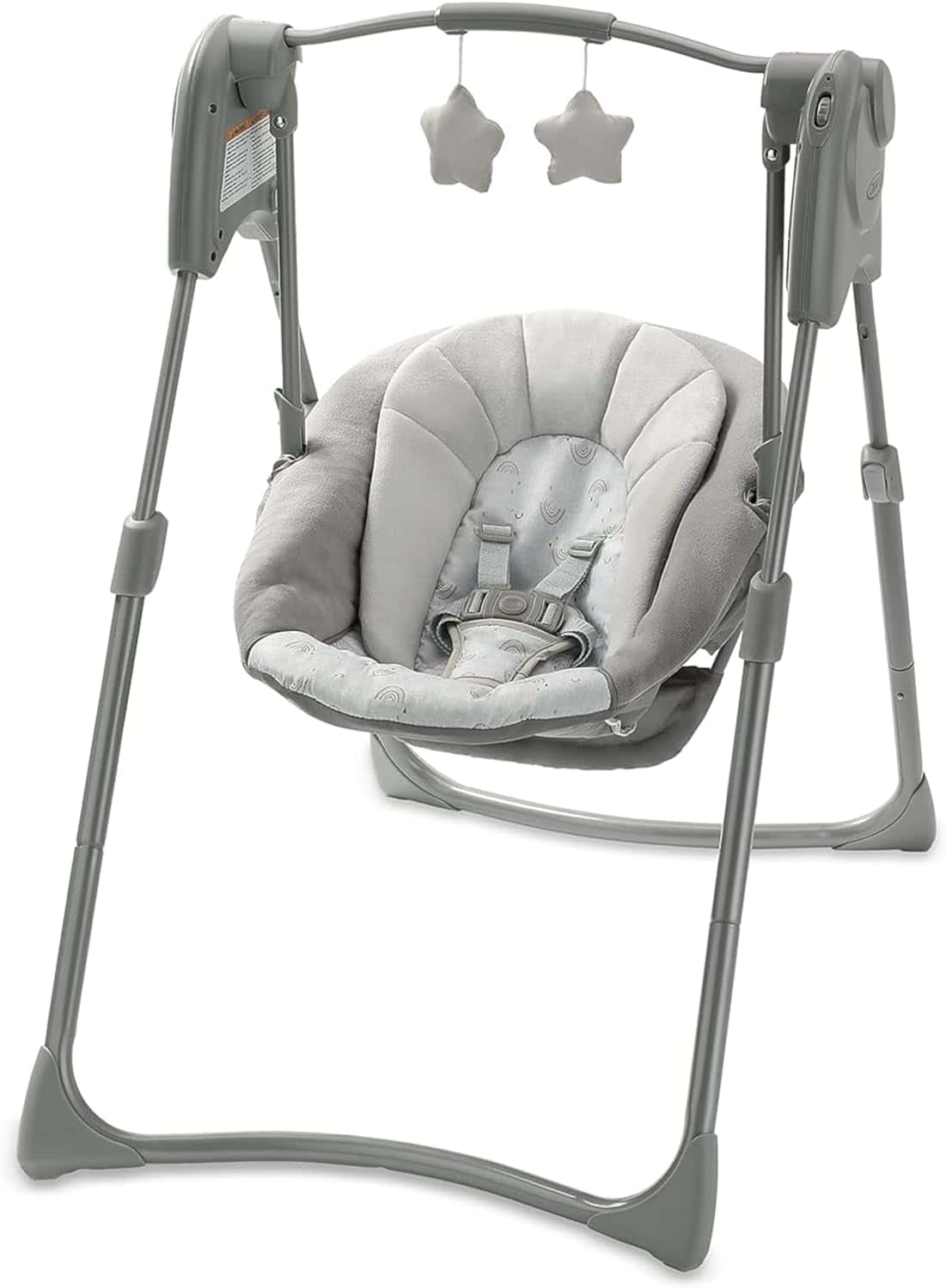 Gray baby swing with padded seat, two hanging star toys, and sturdy metal frame.
