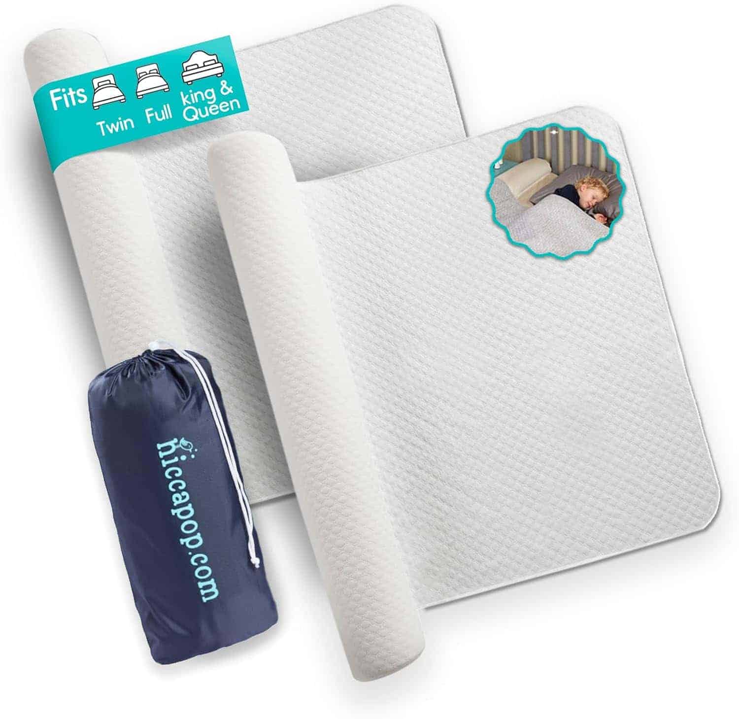 Two white foam bed bumpers with a textured surface, a storage bag labeled "Hiccapop," and a graphic showing compatibility with twin, full, king, and queen beds.