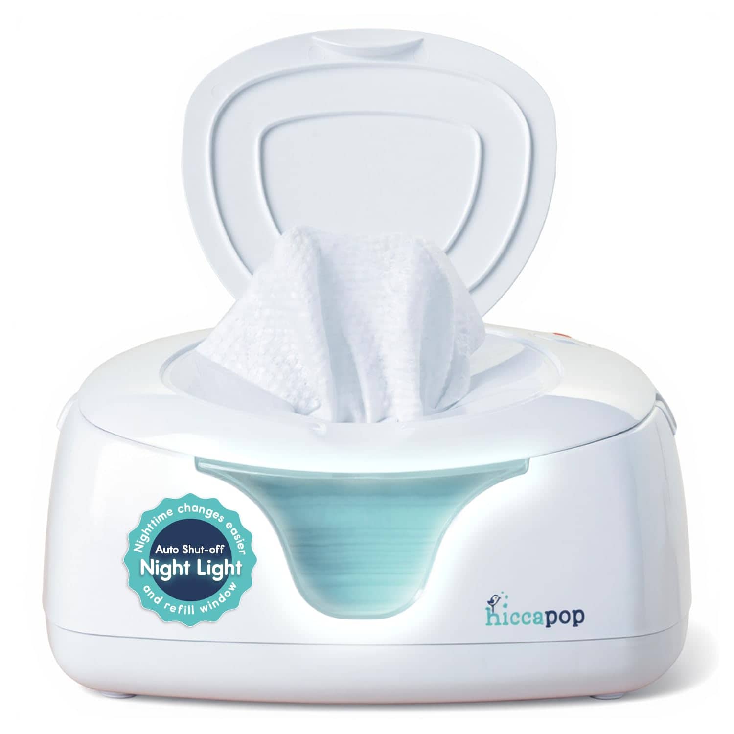 A white Hiccapop baby wipe warmer with an open lid, displaying a wipe and a visible night light indicator on the front.
