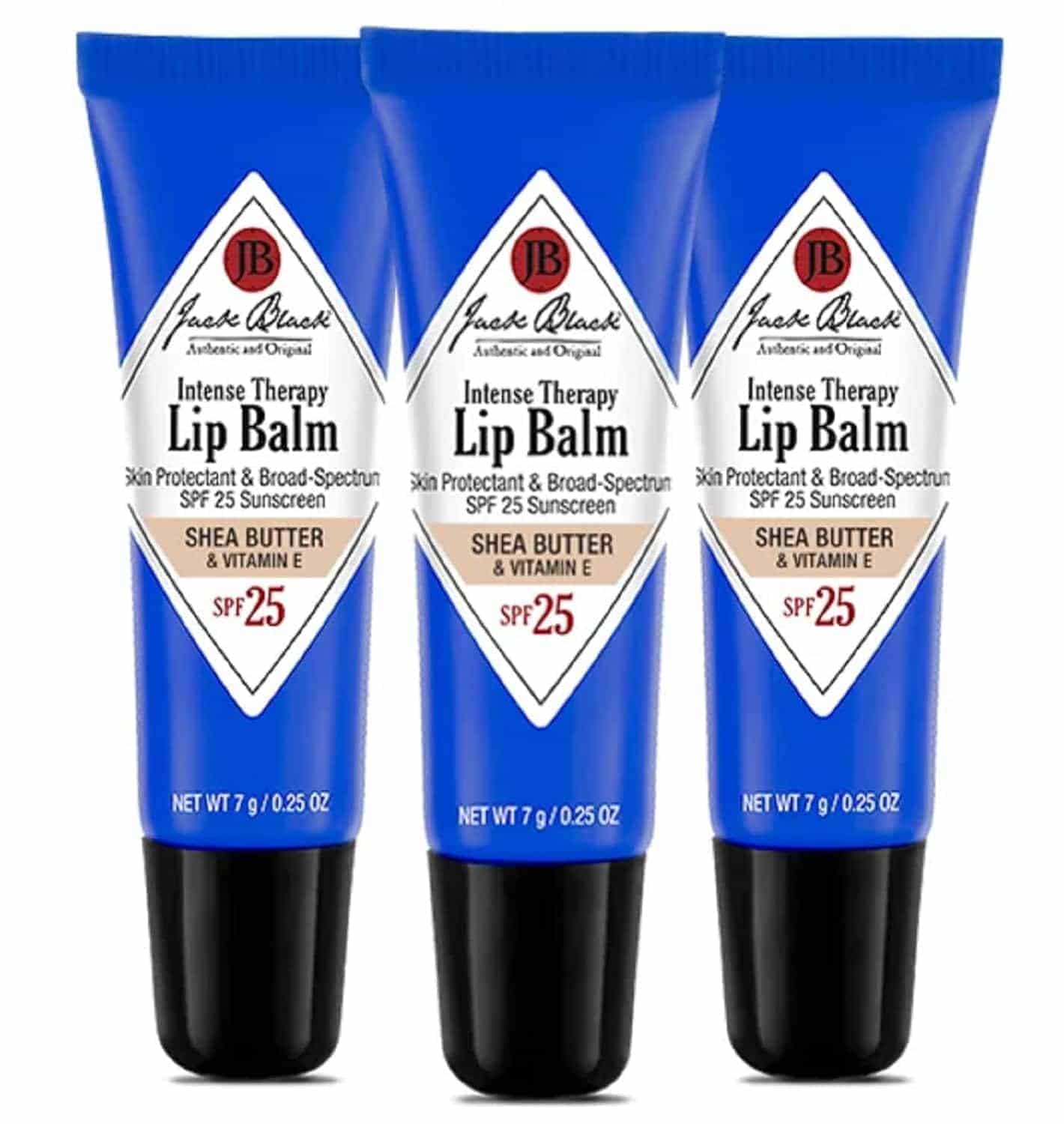 Three tubes of Jack Black Intense Therapy Lip Balm with SPF 25, featuring shea butter and vitamin E, are shown standing side by side against a white background.