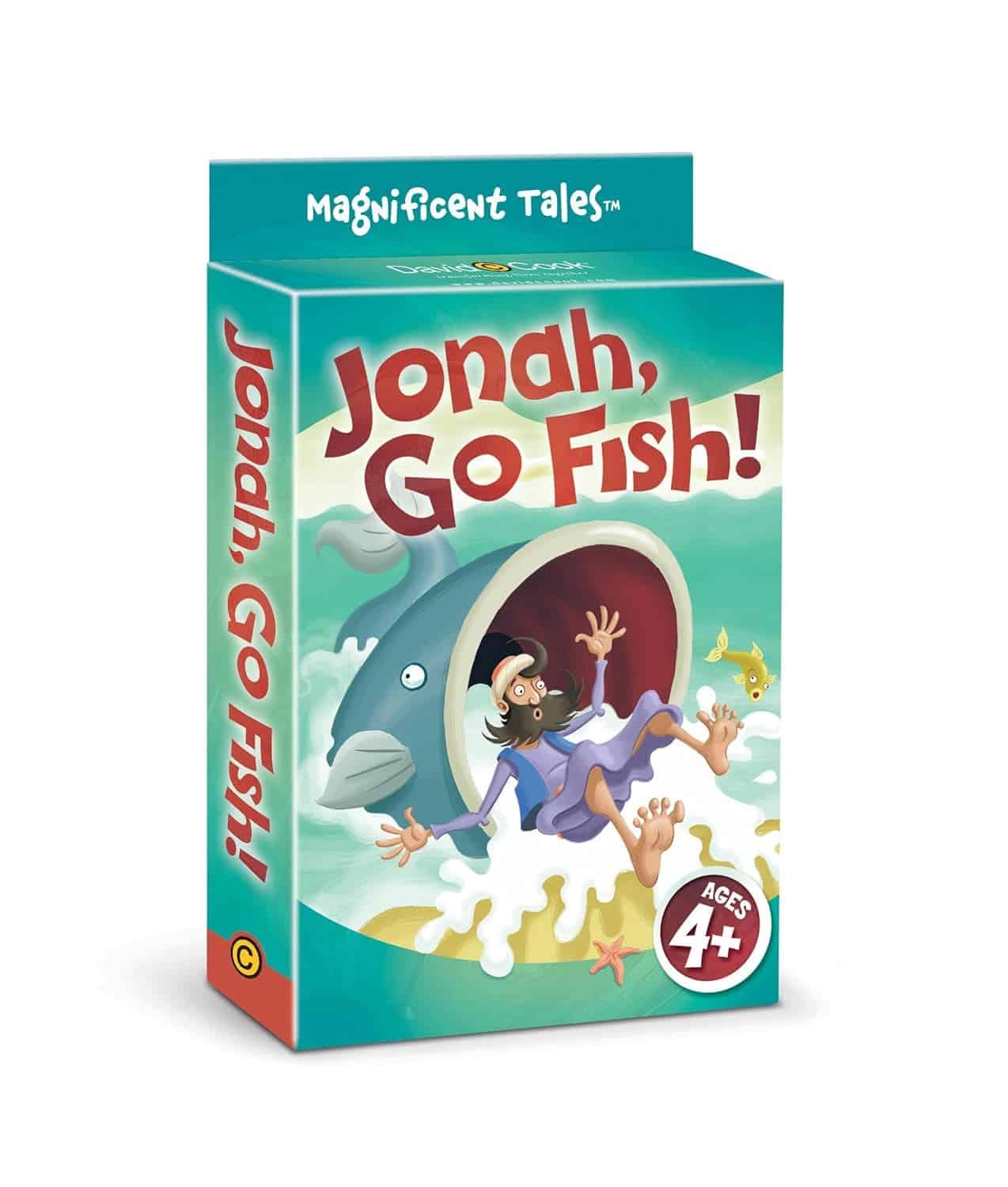 Box of the card game "Jonah, Go Fish!" showing an illustration of Jonah being swallowed by a large fish. The game is labeled for ages 4 and up.