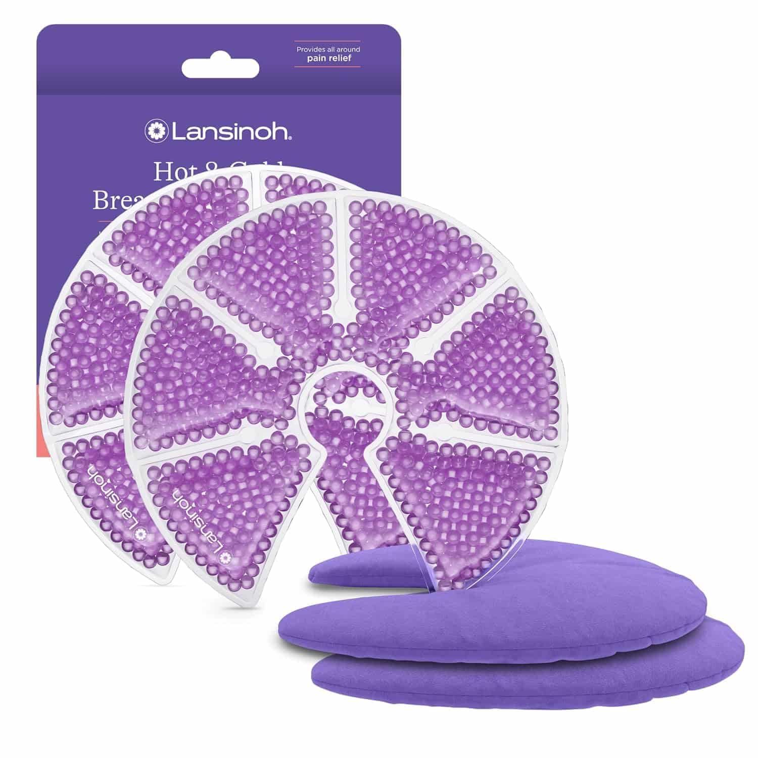 Two Lansinoh hot and cold breast therapy packs with purple gel beads and two purple fabric covers, shown in front of product packaging.