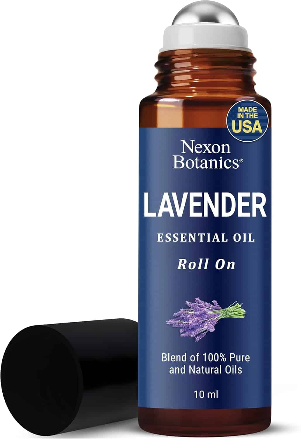 A 10ml roll-on bottle of Nexon Botanics Lavender Essential Oil with a black cap, labeled as a blend of pure and natural oils, and made in the USA.