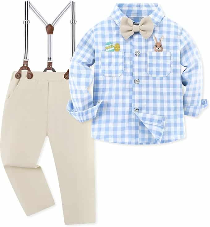 Toddler outfit set with beige pants, blue and white checkered shirt featuring a bunny patch, beige bow tie, and brown suspenders.