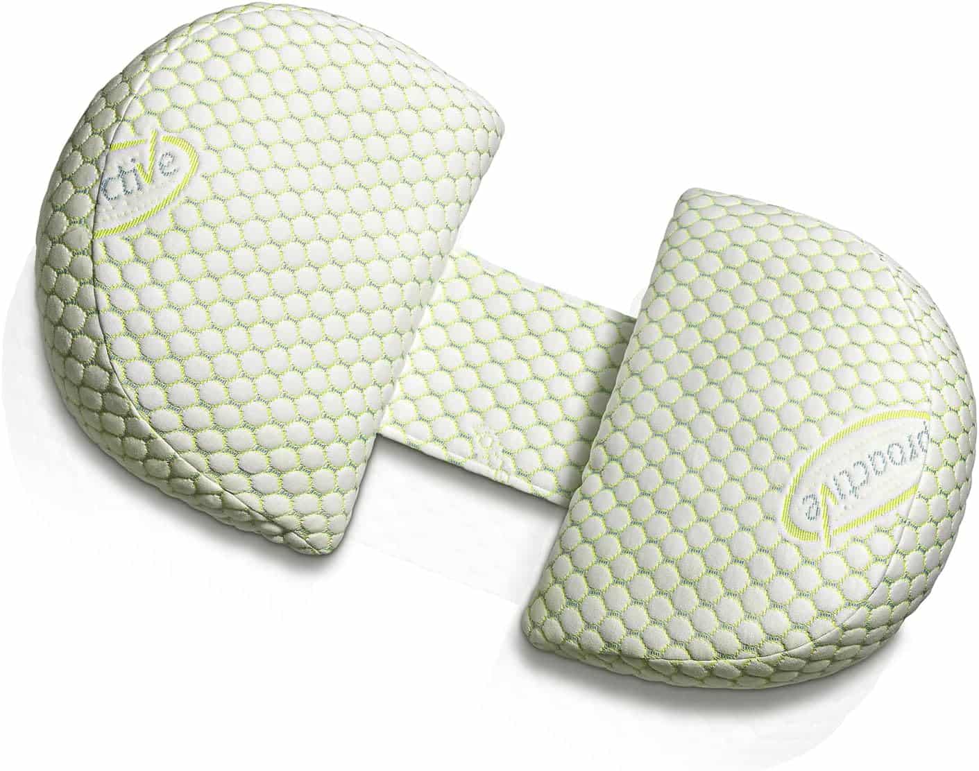 White and green orthopedic foot cushion with two rounded pads connected by a flexible, honeycomb-patterned fabric strip.