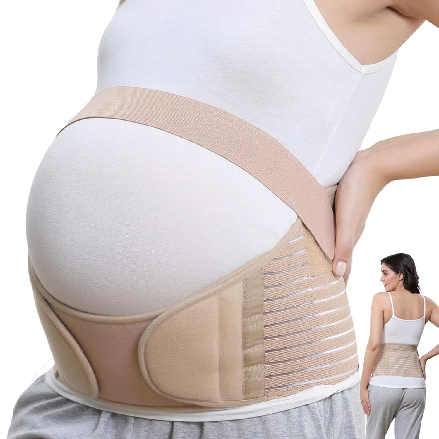 Pregnant person wearing a beige maternity support belt over a white tank top; inset shows back view of the same belt.