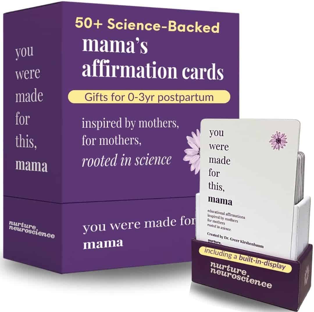 A purple box labeled "mama's affirmation cards" for 0-3yr postpartum, with a deck of cards featuring affirmations and science-backed support for mothers.