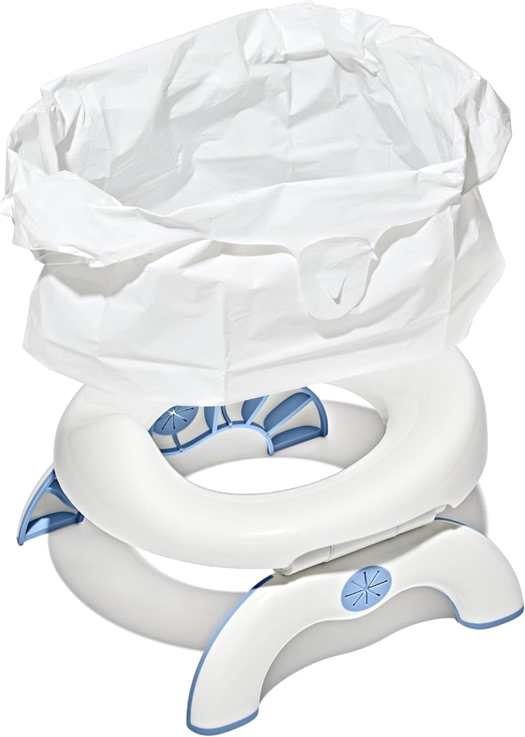 A white and blue portable potty with a disposable plastic liner placed inside the seat.