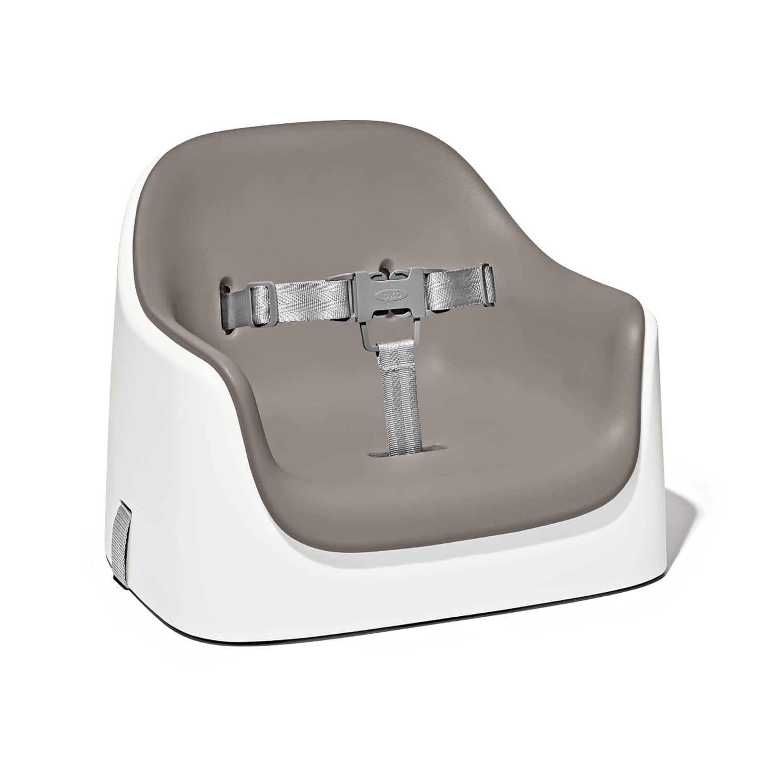 A gray and white booster seat with a built-in safety harness, designed for young children.