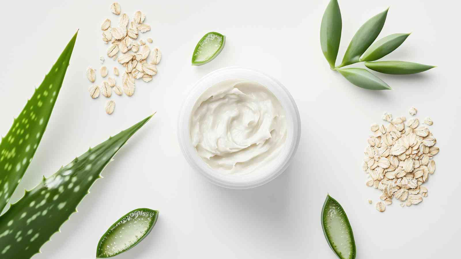 A jar of white cream is surrounded by aloe vera leaves, oat flakes, and green plant leaves on a white background.