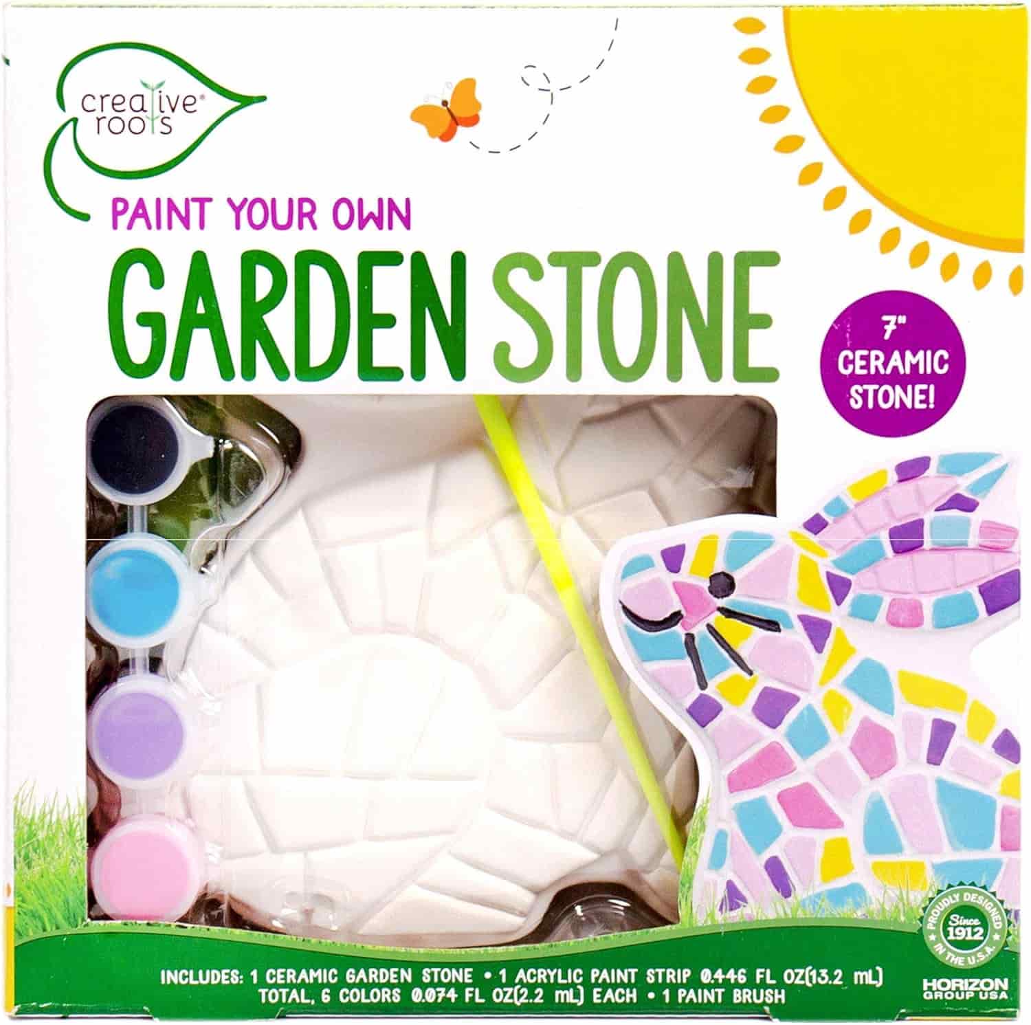 Paint Your Own Garden Stone kit featuring a 7-inch ceramic stone shaped like a cat, six acrylic paint pots, and a paintbrush in a bright, colorful box.