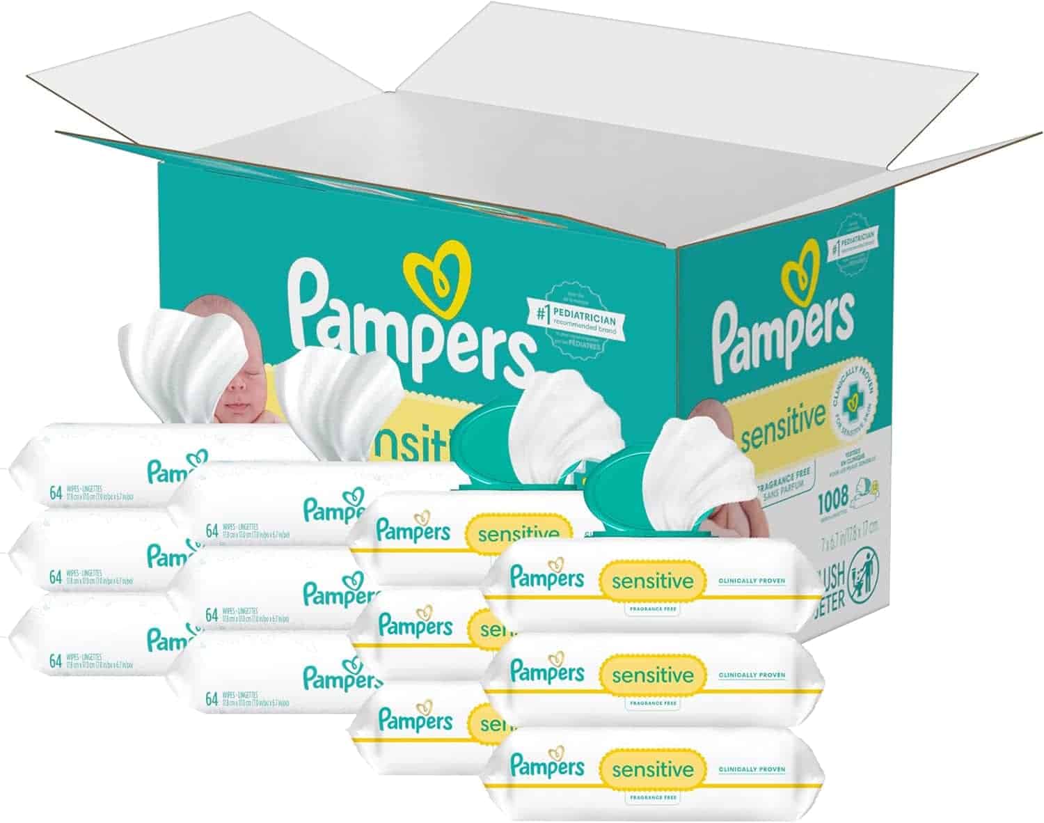 A box of Pampers Sensitive baby wipes with several open wipe packs displayed in front, showing individual wipes being pulled out.