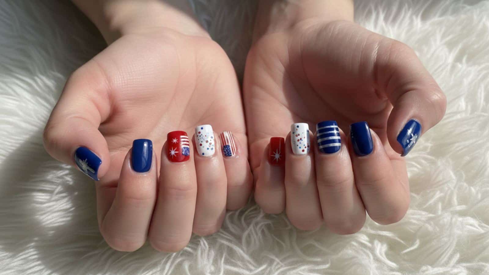 Hands with fingernails painted in red, white, and blue designs, featuring stars, stripes, and dots, displayed on a white textured surface.