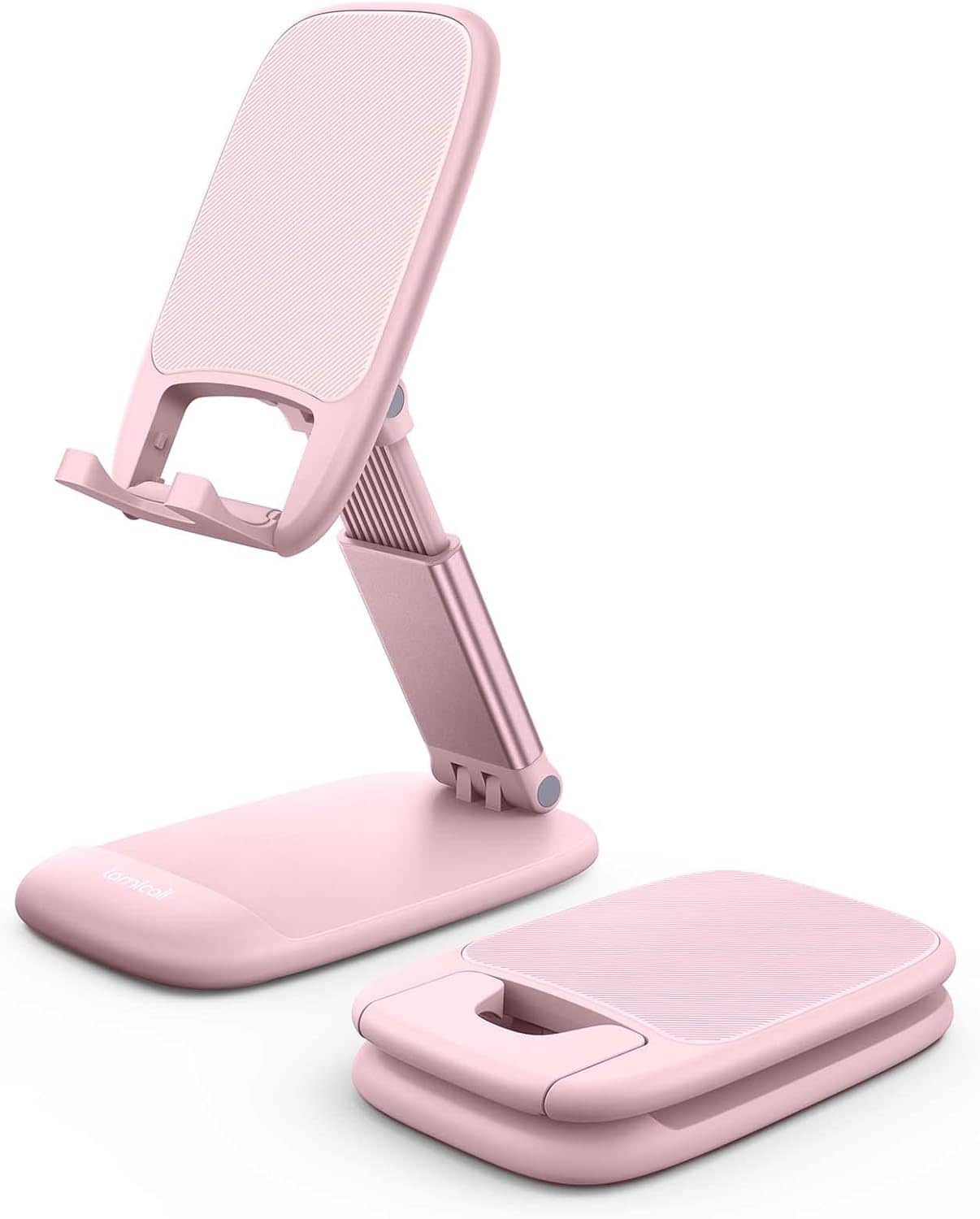Two pink adjustable phone stands are shown, one is upright and extended while the other is folded flat.