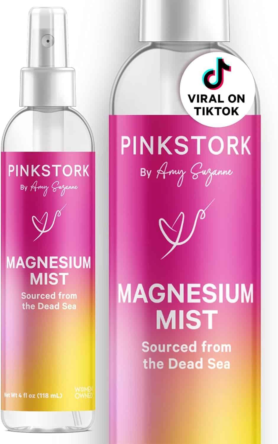 A spray bottle labeled "Pink Stork Magnesium Mist, Sourced from the Dead Sea" with a "Viral on TikTok" badge on the cap.