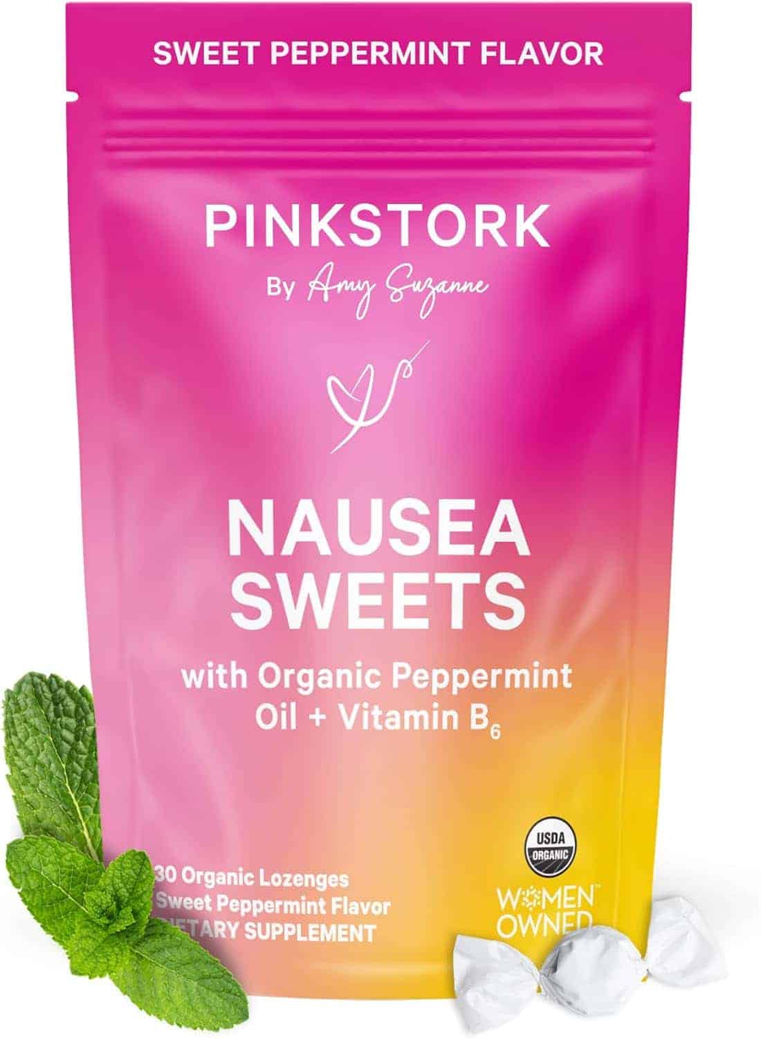 A package of Pink Stork Nausea Sweets with organic peppermint oil and vitamin B6, labeled as sweet peppermint flavor, next to mint leaves and three lozenges.