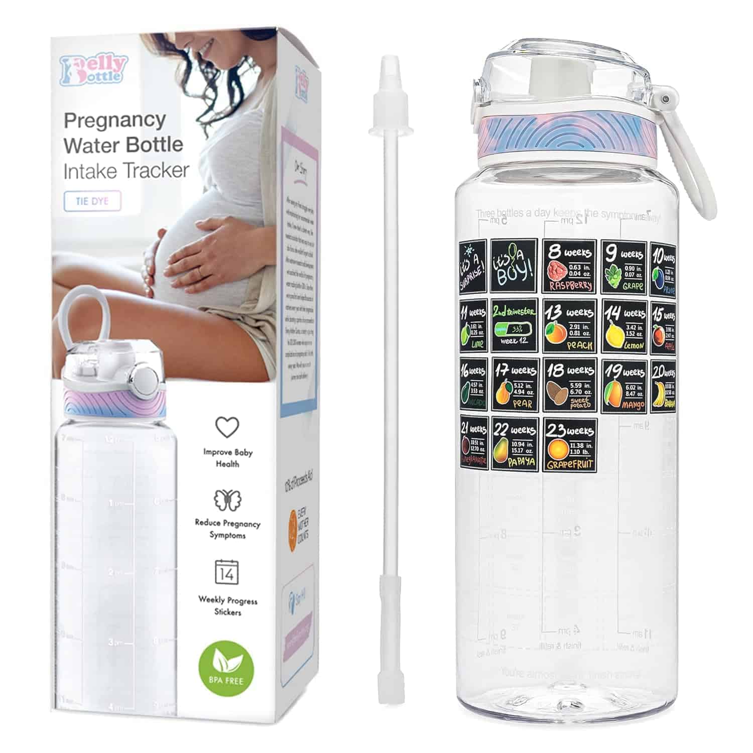 A pregnancy water bottle with an intake tracker, a straw, and stickers. The box displays a pregnant woman and product benefits like symptom reduction and BPA-free material.