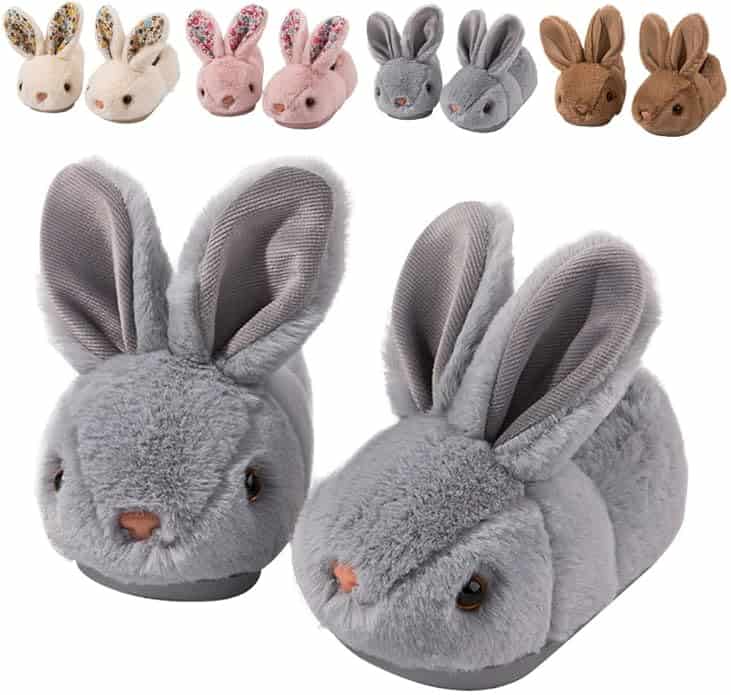 Plush bunny slippers in gray with upright ears, displayed in front of small images showing additional colors and patterns including beige, pink, brown, and floral.