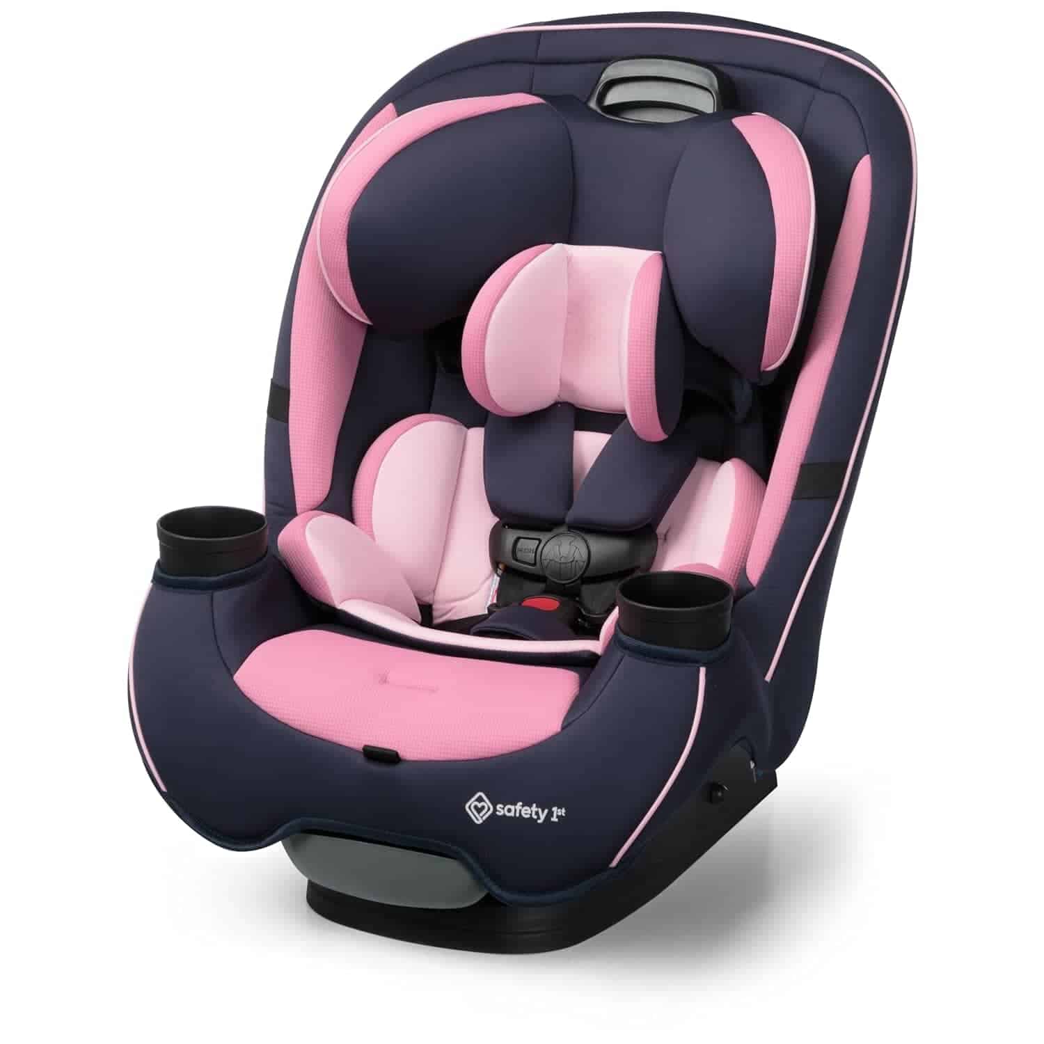 A pink and black child car seat with cup holders and safety harness, designed for installing in a vehicle.