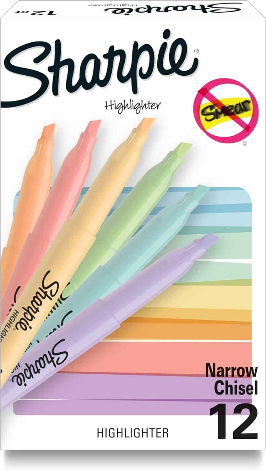 Box of 12 Sharpie highlighters with narrow chisel tips in assorted pastel colors; "no smear" feature indicated on packaging.