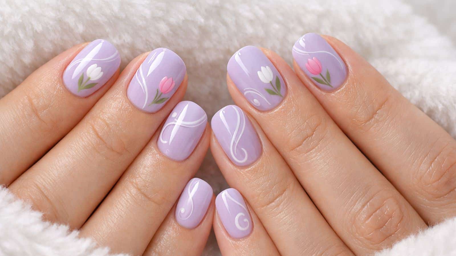 Hands with short, oval nails painted light purple and decorated with white swirls and small tulip flower designs, resting on a white textured fabric.