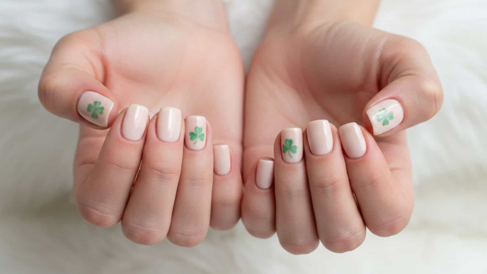 A pair of hands with short, nude-colored manicured nails, each featuring a small green four-leaf clover design on the ring finger.