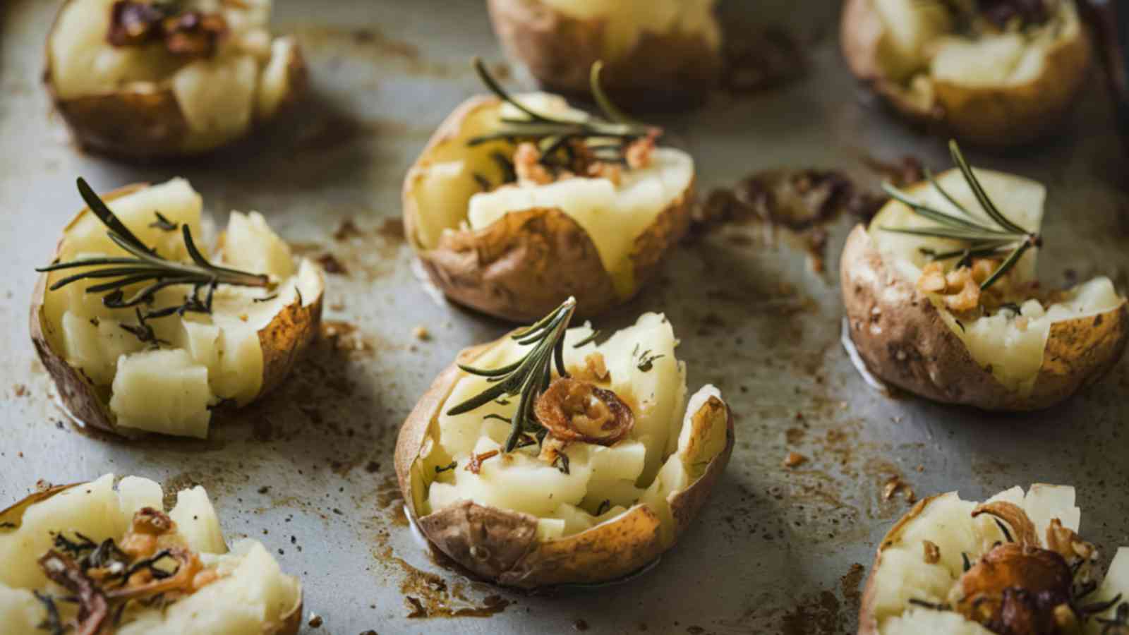 Baked potatoes split open on a baking tray, topped with herbs and roasted garlic slices.