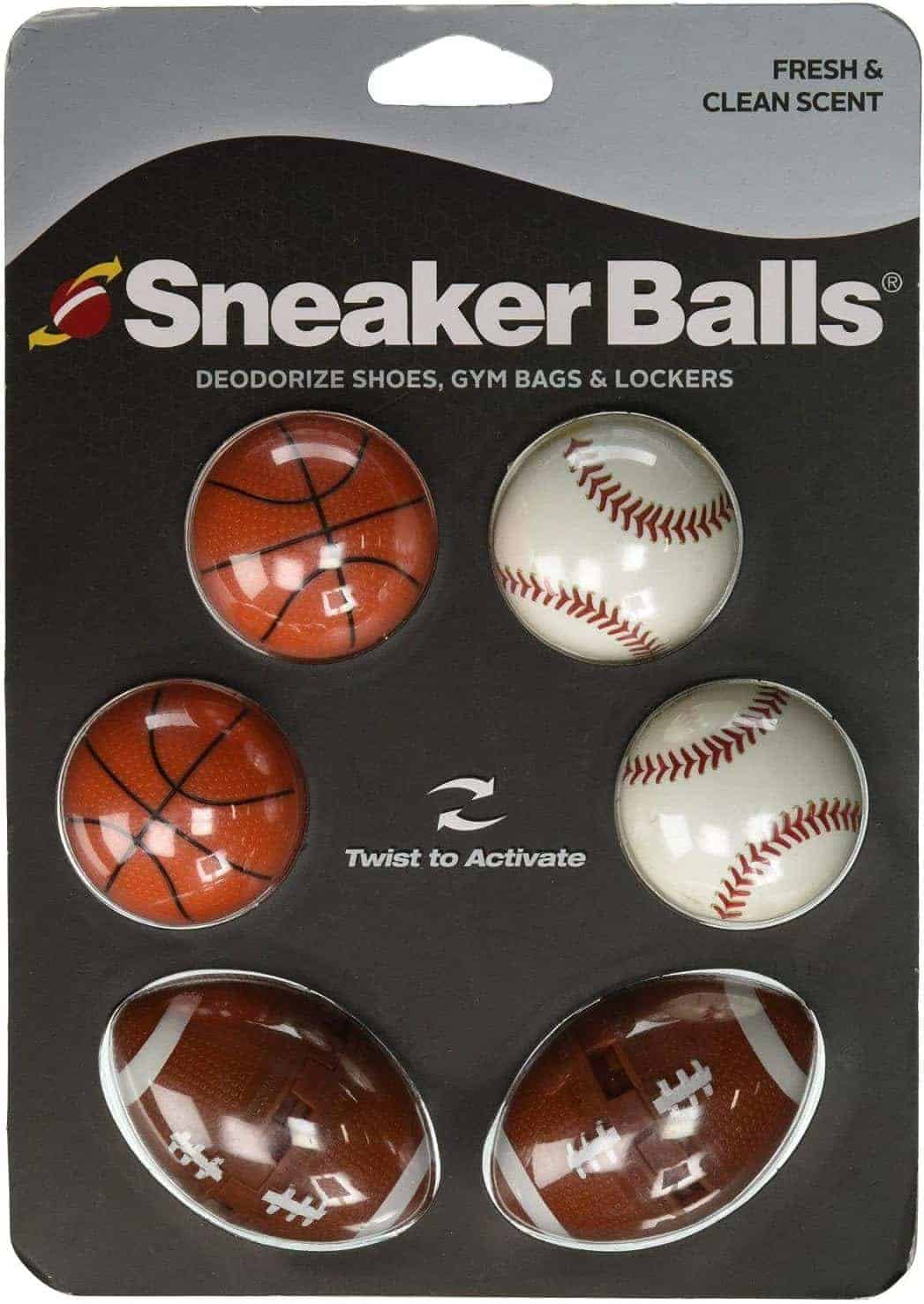 Package of Sneaker Balls shaped like basketballs, baseballs, and footballs, used to deodorize shoes, gym bags, and lockers.