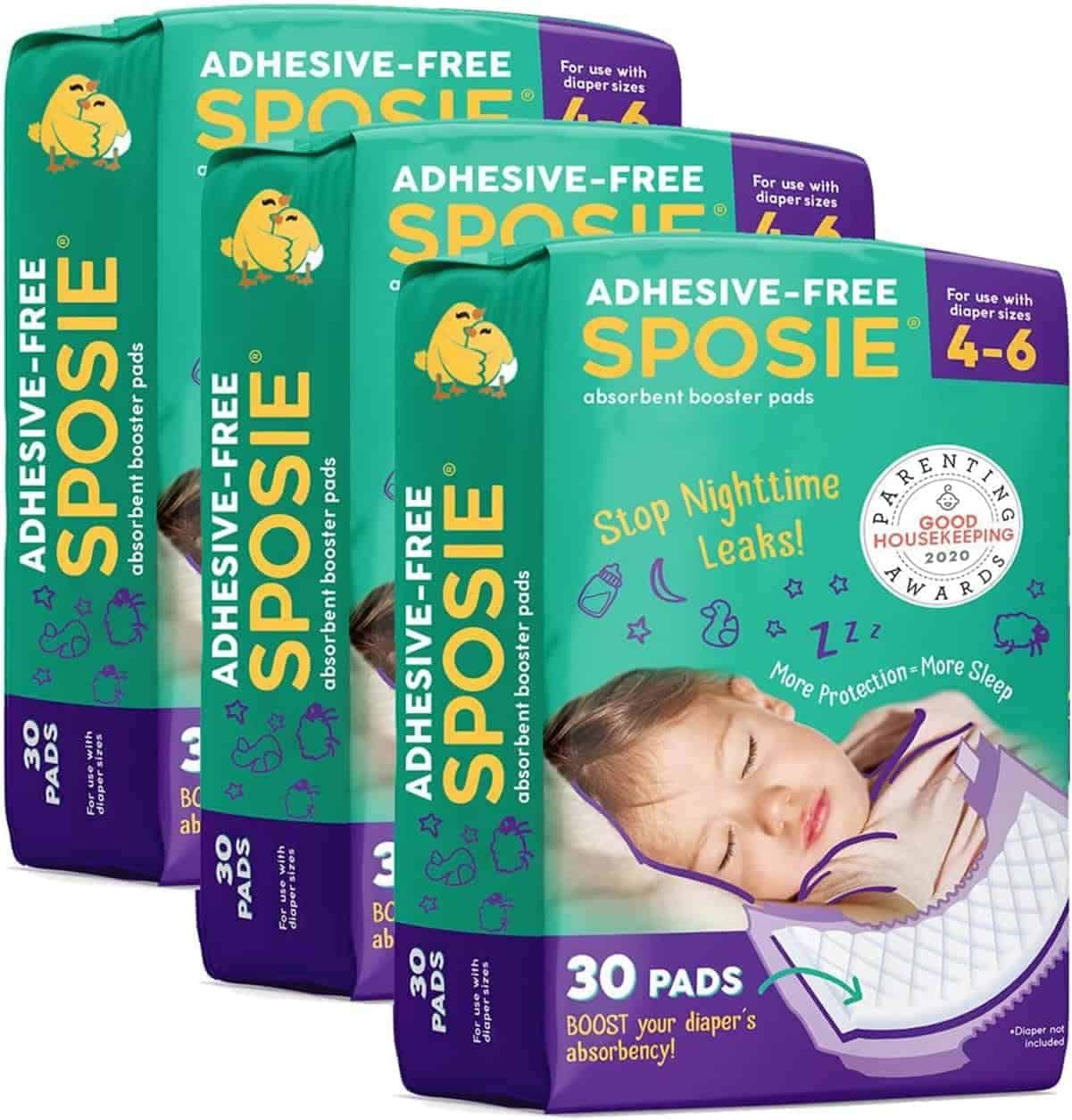 Three packs of Sposie adhesive-free absorbent booster pads for ages 4-6, each containing 30 pads, designed to boost diaper absorbency and reduce nighttime leaks.