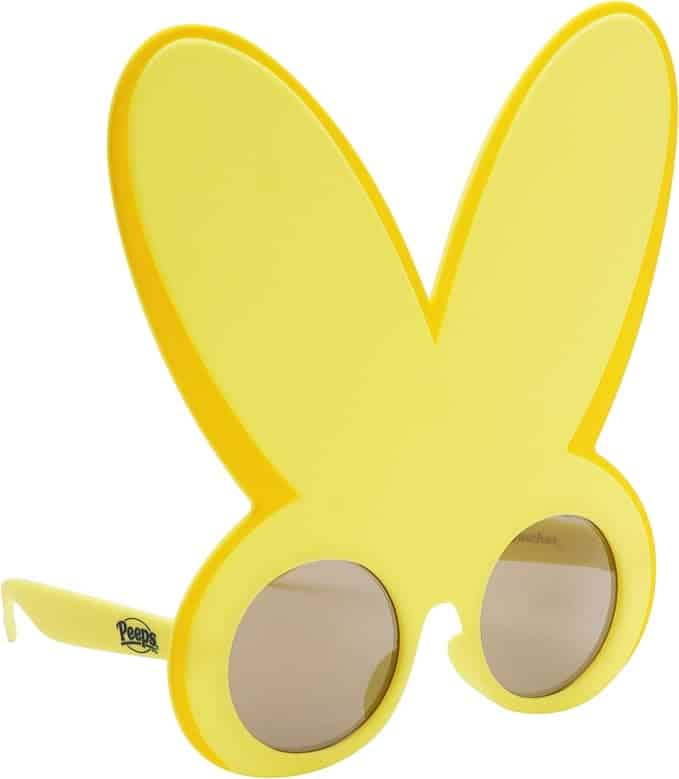 Large yellow novelty sunglasses shaped like bunny ears with round lenses and "Peeps" branding on the side.