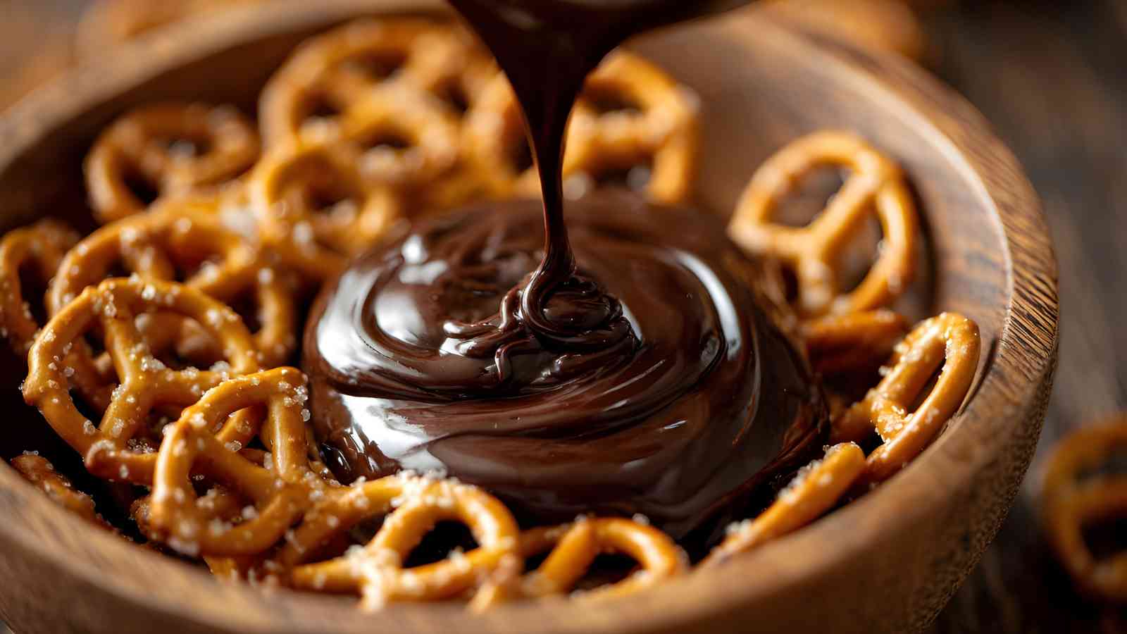 A bowl of pretzels with melted chocolate being poured in the center.