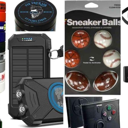 A collage of assorted men's gifts including grooming products, motivational signs, a watch, wireless earbuds, a power bank, sneaker deodorizer balls, a cross pendant, and a small black bag.