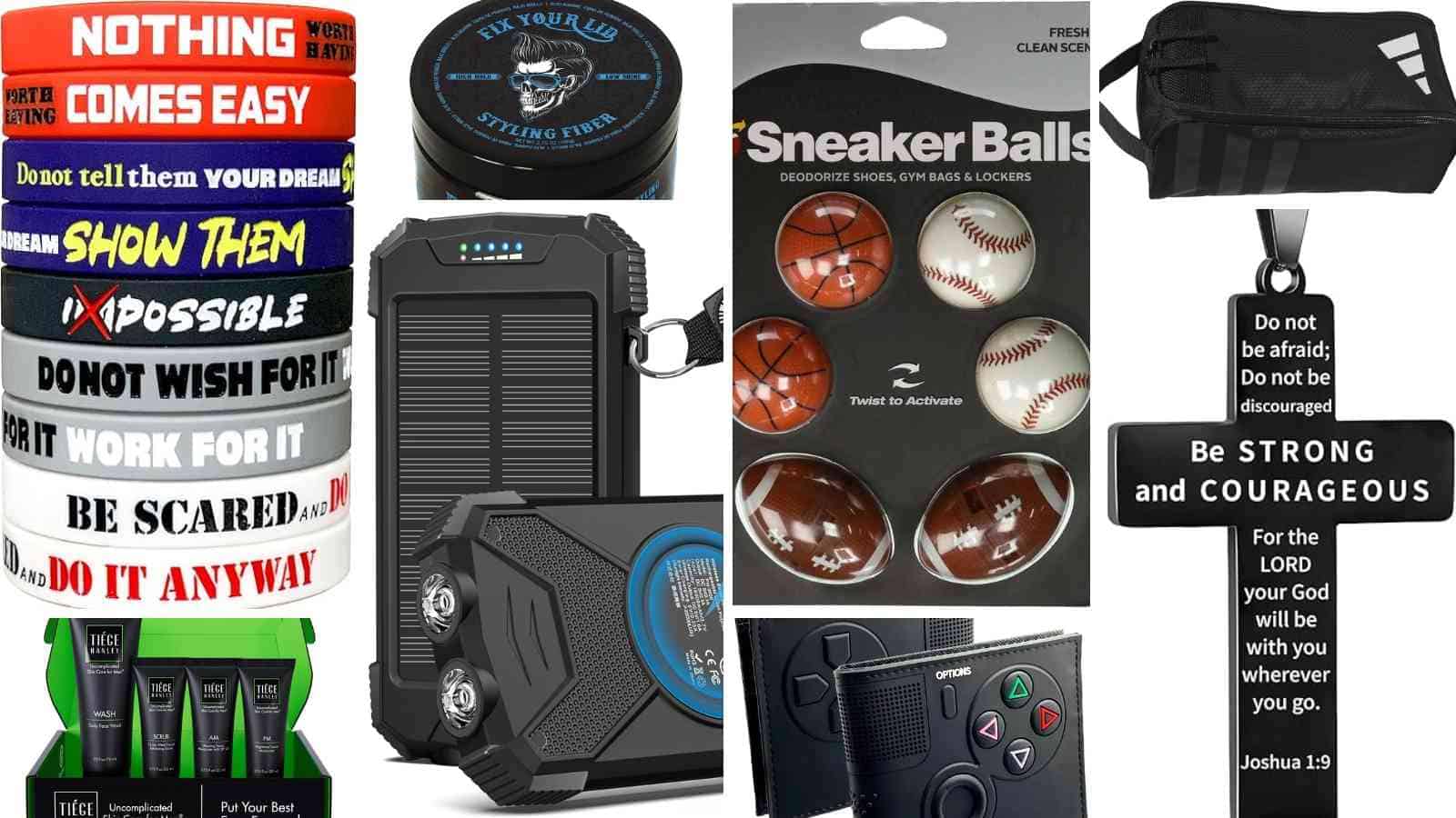 A collage of assorted men's gifts including grooming products, motivational signs, a watch, wireless earbuds, a power bank, sneaker deodorizer balls, a cross pendant, and a small black bag.