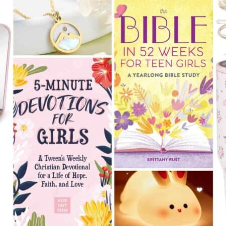 A collection of gifts for teen girls, including a lighted mirror, necklace, devotional book, Bible study book, bracelets, floral travel mug, perfume, and a bunny night light.