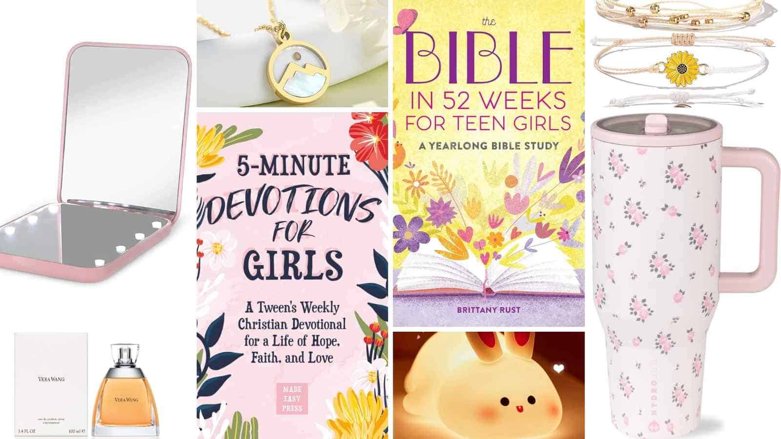 A collection of gifts for teen girls, including a lighted mirror, necklace, devotional book, Bible study book, bracelets, floral travel mug, perfume, and a bunny night light.