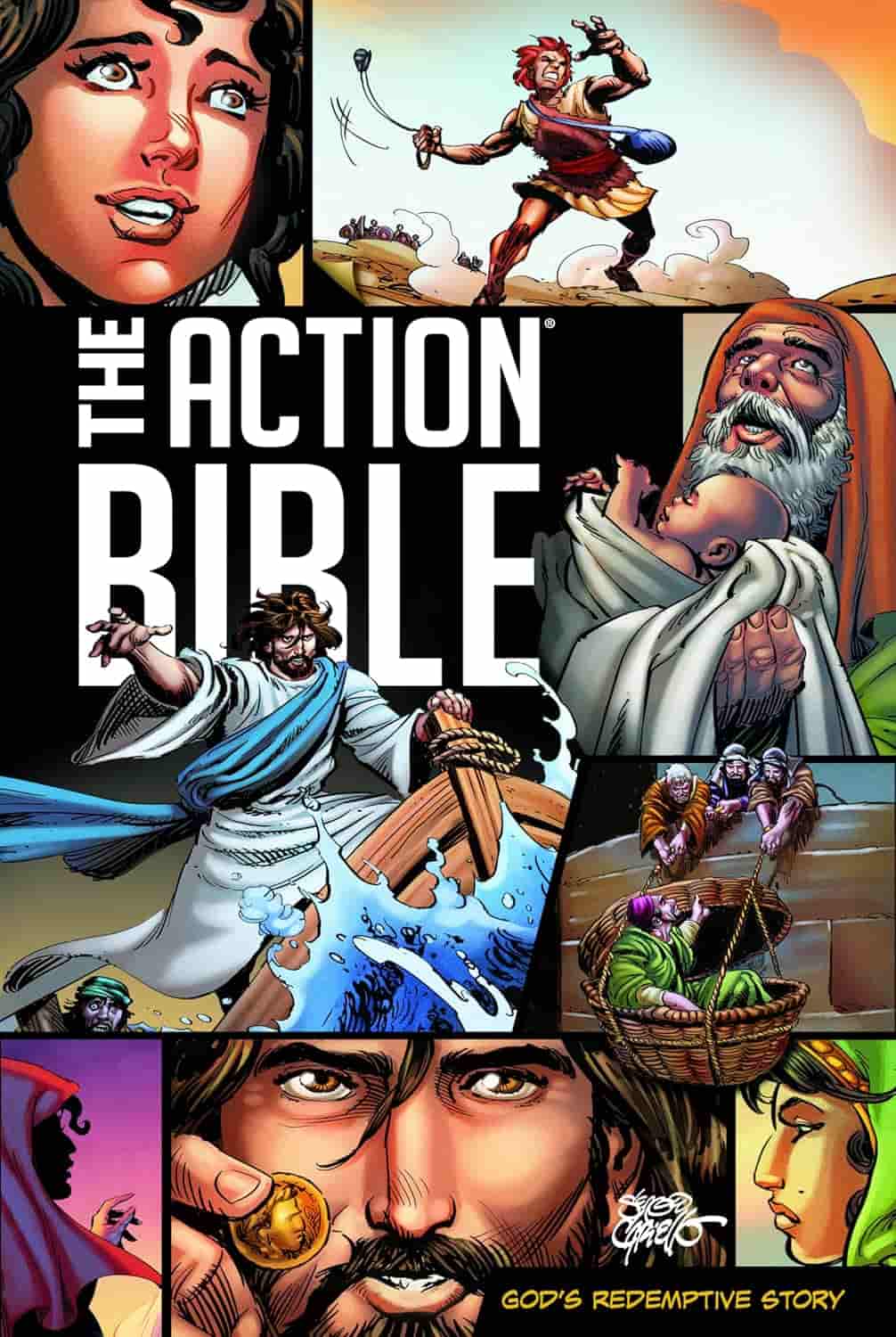 Comic-style cover of "The Action Bible" featuring illustrated biblical scenes, including Jesus walking on water, Moses, and other figures from scripture. Text reads: "The Action Bible.